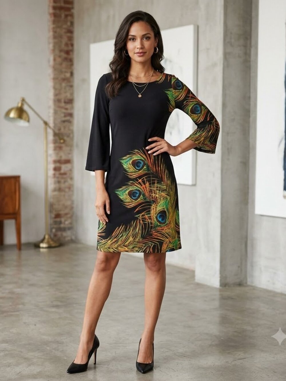 Muse Peacock Feather Little Black Dress Shift Mini 3/4 Sleeve Size 12